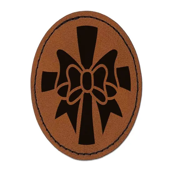 Ribbon on Package Round Iron-On Engraved Faux Leather Patch Applique - 2.5" Brown {1}