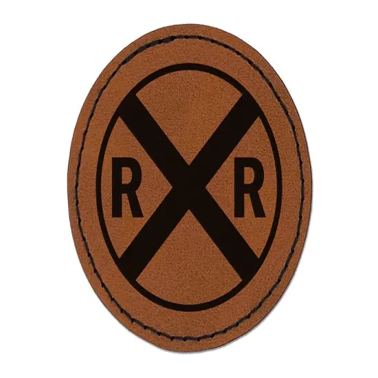 Railroad Crossing Train Round Iron-On Engraved Faux Leather Patch Applique - 2.5" Brown {1}