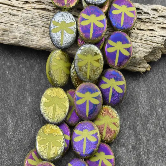 *8* 16mm Acid Etched Chartreuse Metallic Iris Laser Tattoo Dragonfly Coin Beads {2}