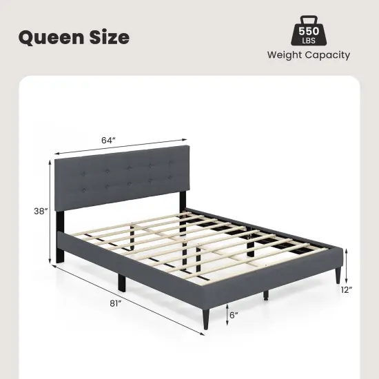 Costway Queen Upholstered Platform Bed Mattress Foundation Button Tufted Headboard Blue/Grey {3}