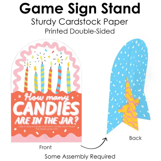 Big Dot of Happiness Party Time - How Many Candies Happy Birthday Party Game - 1 Stand and 40 Cards - Candy Guessing Game {6}