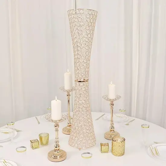 36" Gold Metal Crystal Beads Hurricane Flower Vase Centerpiece {2}