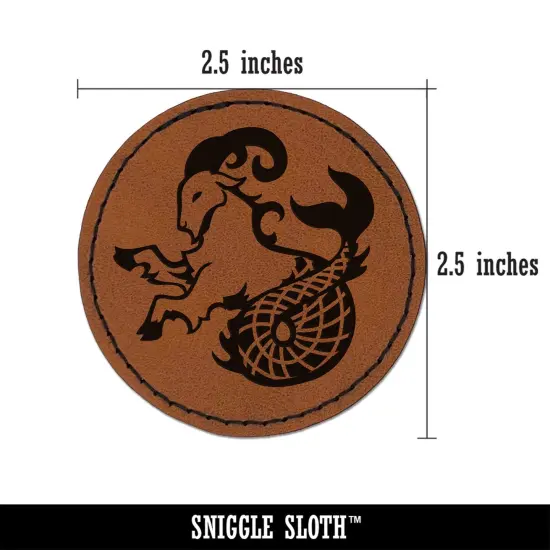 Capricorn Sea Goat Mythical Creature Round Iron-On Engraved Faux Leather Patch Applique - 2.5" Brown {3}