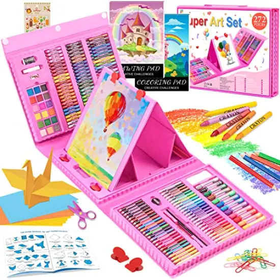 272 Pieces Art Set Drawing Kit for Girls Boys Teens Artist, Deluxe Gift Art Box with Trifold Easel, Origami Paper, Coloring Book, Drawing Pad, Pastels, Crayons, Pencils, Watercolors(Pink) {2}