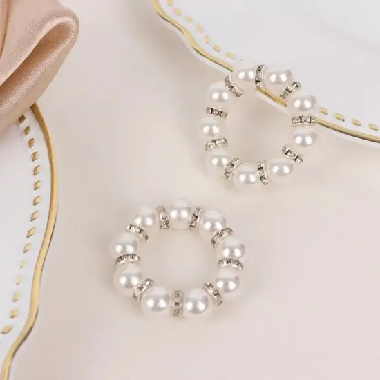 4 Silver White Faux Pearl Rhinestone Napkin Rings {3}