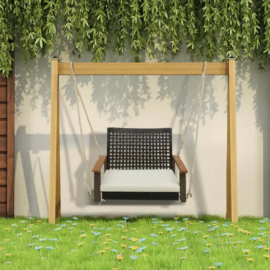 Costway Outdoor Single Swing Chair Bench 1-Person Rattan Porch Swing with Cushion {1}