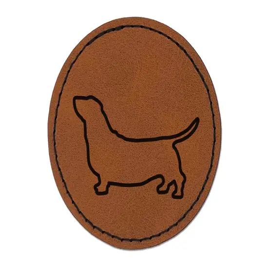 Basset Hound Dog Outline Round Iron-On Engraved Faux Leather Patch Applique - 2.5" Brown {1}