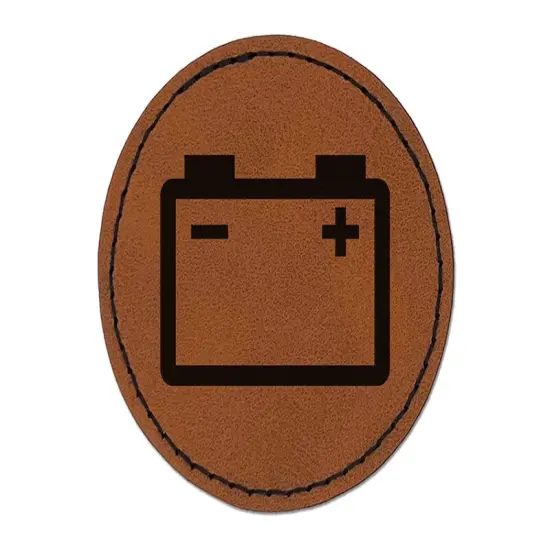 Car Battery Icon Round Iron-On Engraved Faux Leather Patch Applique - 2.5" Brown {1}
