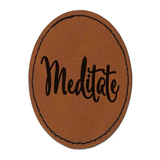 Meditate Elegant Text Self Care Round Iron-On Engraved Faux Leather Patch Applique - 2.5" Brown {1}