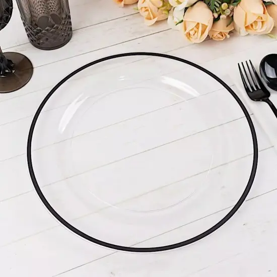 CLEAR 10 Round 10" PLASTIC Dinner PLATES Black Rim {4}