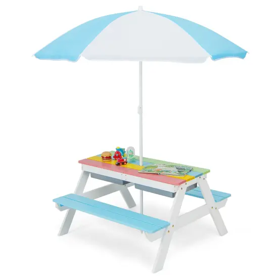 Costway 3-in-1 Kids Picnic Table Wooden Outdoor Sand & Water Table with Umbrella Play Boxes Natural/Blue/Green {1}