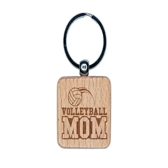 Volleyball Mom Text with Ball Engraved Wood Square Keychain Tag Charm {1}