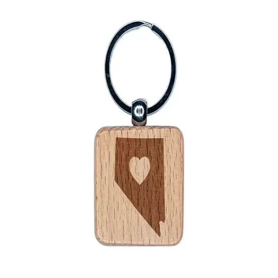 Nevada State with Heart Engraved Wood Square Keychain Tag Charm {1}