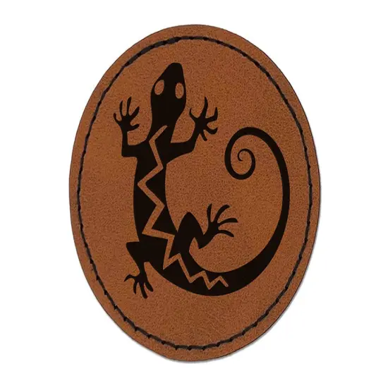 Southwest Native American Lizard Reptile Spirit Animal Round Iron-On Engraved Faux Leather Patch Applique - 2.5" Brown {1}