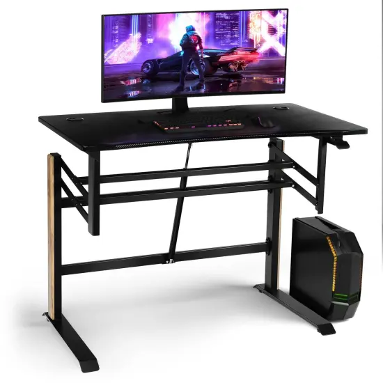 Pneumatic Height Adjustable Gaming Desk T Shaped Game Station with Power Strip Tray-Black {5}