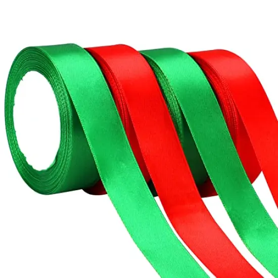 DECYOOL 4 Rolls 100 Yards Christmas Ribbons 1Inch Wide Holiday Satin Ribbons for Gift Wrapping and DIY Craft, Red & Green {1}