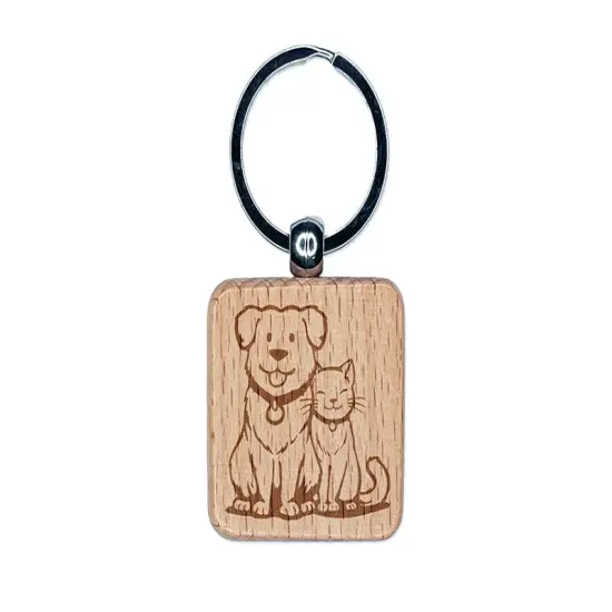 Dog and Cat Best Pet Friends Engraved Wood Square Keychain Tag Charm {1}