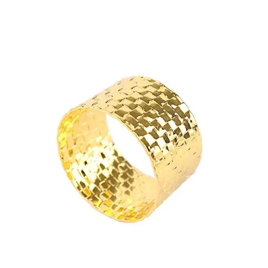4 Round Basket Weave Design Metal Napkin Rings Gold {1}