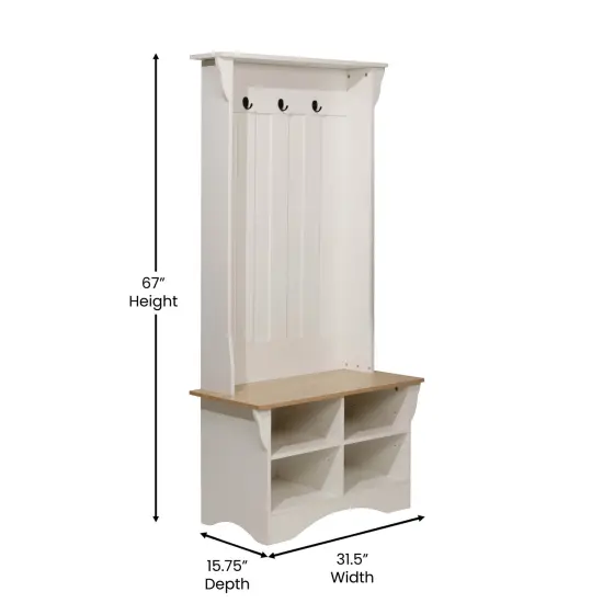 Merrick Lane Whitman Hallway Tree with Bench Seating, 3 Single Coat Hooks and Lower Storage with Adjustable Shelves WeatheredNat/White {6}