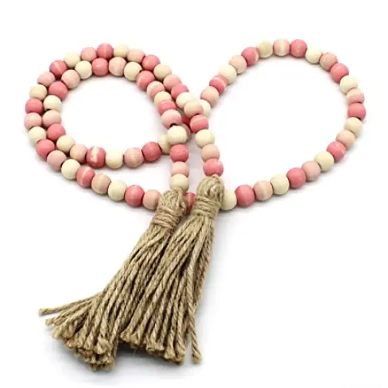 Wood Beads Garland with Tassels Farmhouse Rustic Wooden Prayer Bead String Wall Hanging Accent for Home Festival Decor. Pink Mix Distressed {2}