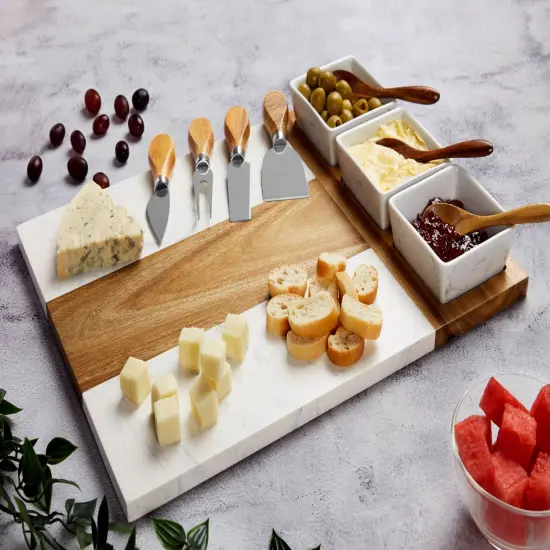 Makerflo Charcuterie Cheese Board Set 16.25" x 12" Acacia Wood Marble Design 3 Bowls, 3 Spoons, 4 Utensils for Craft & DIY Personalization - Laser Engraving, Epoxy, UV DTF, Vinyl Individually Wrapped {4}