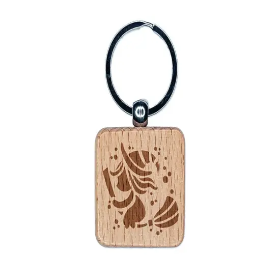 Halloween Witch on Broomstick Engraved Wood Square Keychain Tag Charm {1}