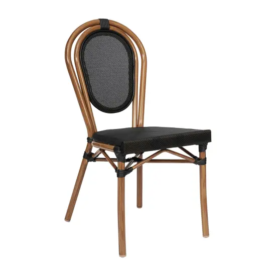 Merrick Lane Mael Stacking Thonet Bistro Style Chair with Textilene Seat and Bamboo Finished Metal Frame for Indoor/Outdoor Use Black&White/LightNat {8}