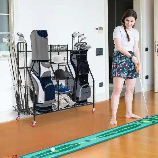 Double Golf Bag Rack with Removable Golf Club Stand and Wheels-Black {3}