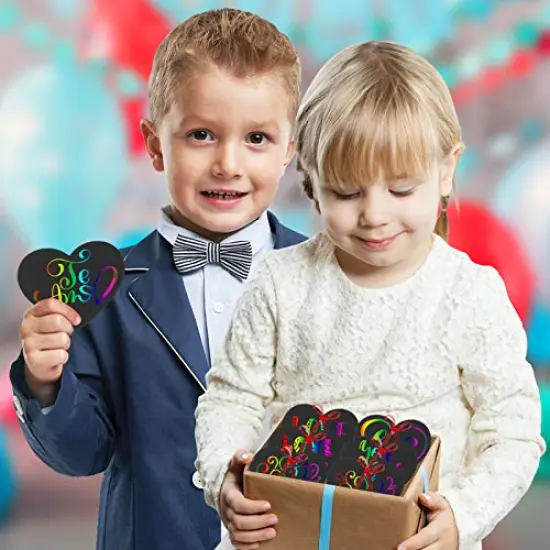 Rainbow Magic Scratch Art Set, 28 Heart Scratch Paper with Ribbons for Valentines Decorations, Scratch Art for Kids Class with 2Pcs 3D Stickers, Valentines Day Gifts for Kids (28 PCS Valentine Craft) {6}
