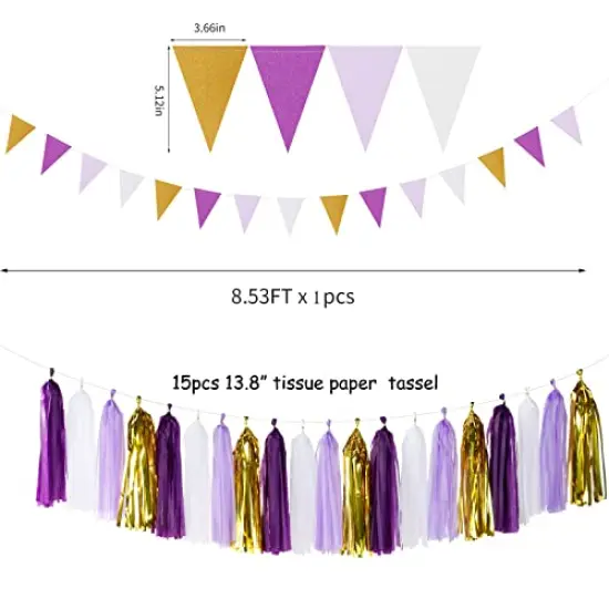 30 Pieces Purple Gold Valentines-Day Graduation Decorations - Kits Lavender White Paper Flowers,Banner Flags,Tassel Streamer Garland Engagement Girl Baby Bridal Shower Party Decoration Lasting Surprise {1}