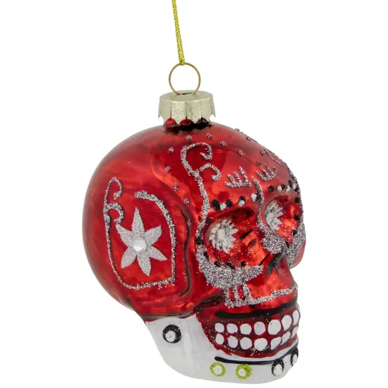 Northlight Day of the Dead Skull Head Glitter Glass Christmas Ornament - 3.5" - Red {6}