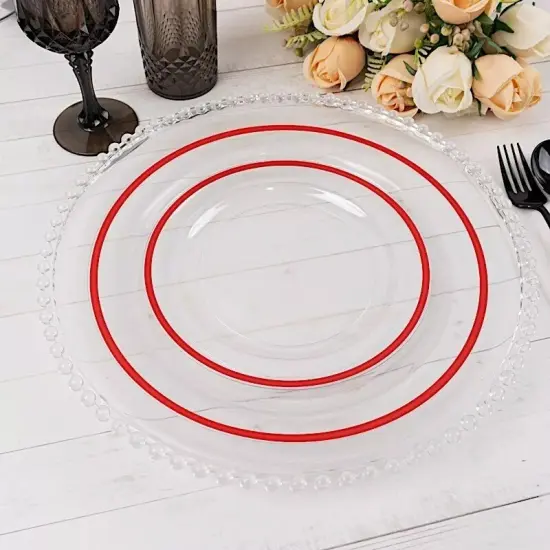 CLEAR 10 Round 7" Plastic SALAD PLATES Red Rim {3}