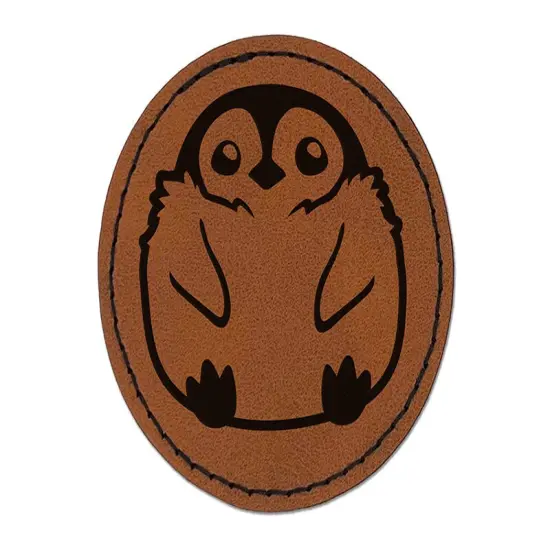 Cute Fluffy Baby Penguin Round Iron-On Engraved Faux Leather Patch Applique - 2.5" Brown {1}
