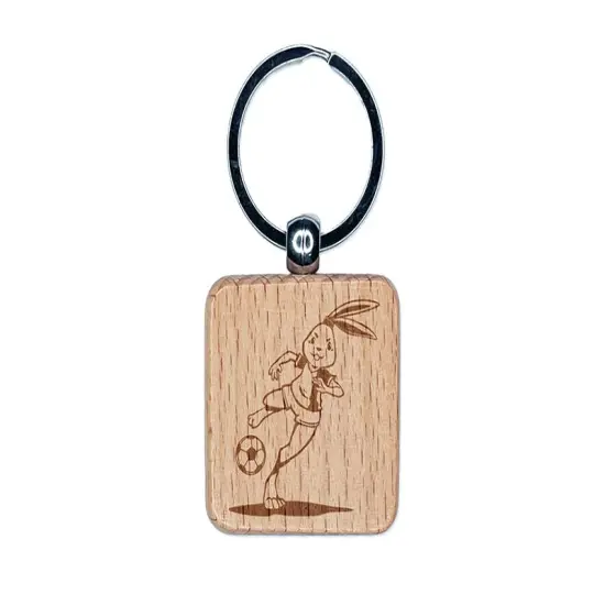Athletic Bunny Rabbit Kicking Soccer Ball Football Engraved Wood Square Keychain Tag Charm {1}