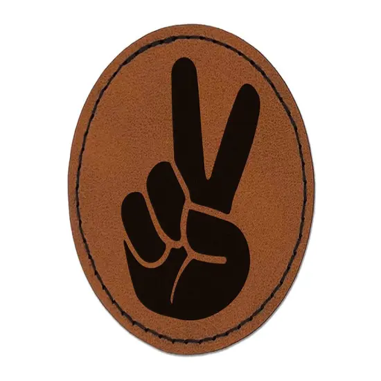 Peace Hand Sign Round Iron-On Engraved Faux Leather Patch Applique - 2.5" Brown {1}