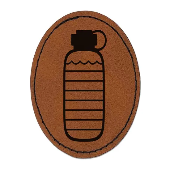 Hydration Tracker Water Bottle Round Iron-On Engraved Faux Leather Patch Applique - 2.5" Brown {1}