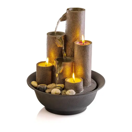 Indoor Tabletop Tiered Water Fountain Featuring 3 Candles for Desktop and Table, 11", Brown {3}