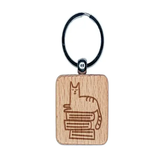 Cat and Books Reading Doodle Engraved Wood Square Keychain Tag Charm {1}