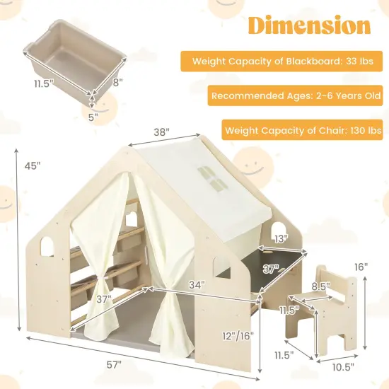 6-in-1 Kids Play Tent Playhouse With Blackboard 6 Storage Bins And Floor Cushion-beige {5}