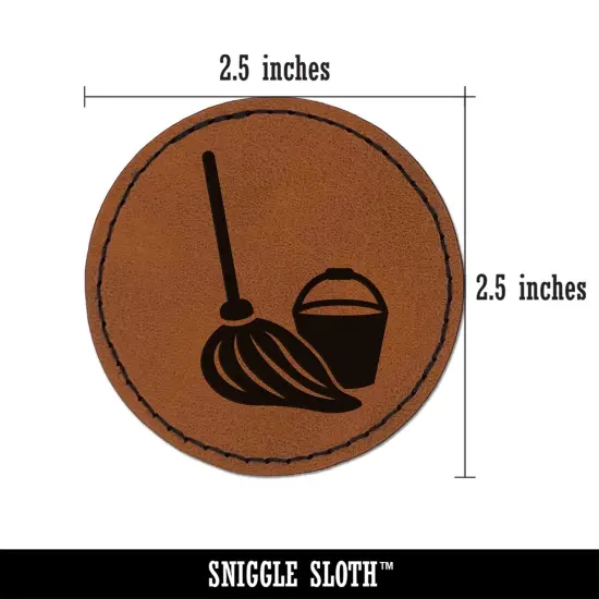Mop and Bucket Cleaning Round Iron-On Engraved Faux Leather Patch Applique - 2.5" Brown {3}