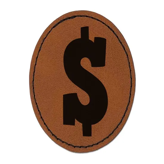 Dollar Sign Money Symbol Round Iron-On Engraved Faux Leather Patch Applique - 2.5" Brown {1}