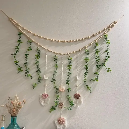 Boho Wall Decor Artificial Hanging Eucalyptus Wooden Beads Garland Eucalyptus Greenery Decoration for Bedroom Bathroom, Living Room, Office, Home, Wedding {3}