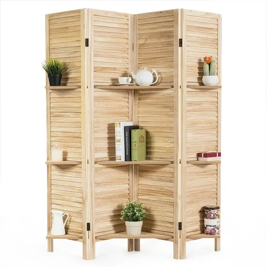 4 Panel Folding Room Divider Screen with 3 Display Shelves Brown {3}