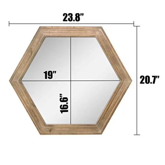 Decorative 24" Hexagon Hanging Wall Mirror with Natural Wood Frame and Attached Hanging Bracket, Rustic Farmhouse Decor for the Living Room, Bathroom, Bedroom, and Entryway Brown {1}
