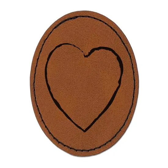 Heart Sketch Love Outline Round Iron-On Engraved Faux Leather Patch Applique - 2.5" Brown {1}