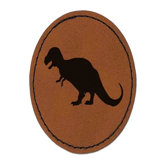 Tyrannosaurus Rex Dinosaur Solid Round Iron-On Engraved Faux Leather Patch Applique - 2.5" Brown {1}