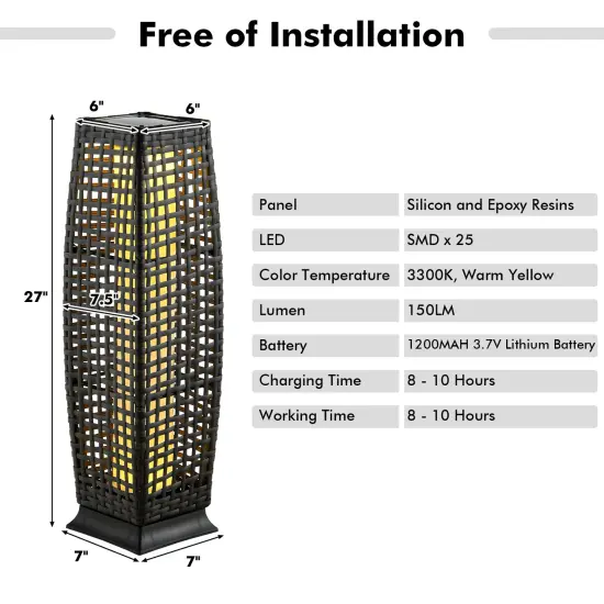 2 Pieces Solar-Powered Square Wicker Floor Lamps with Auto LED Light Black {5}
