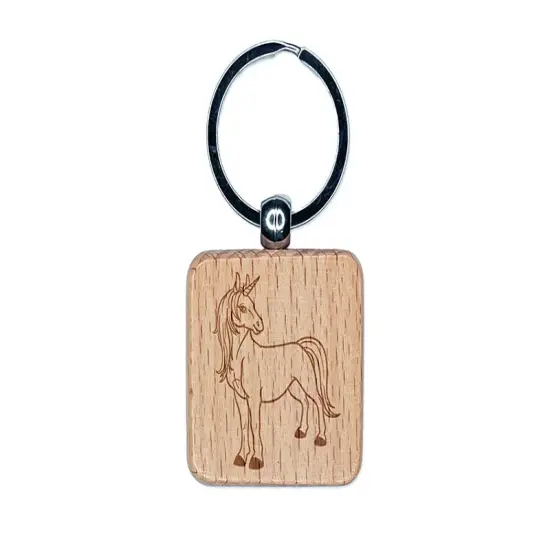 Pretty Unicorn Posing Engraved Wood Square Keychain Tag Charm {1}