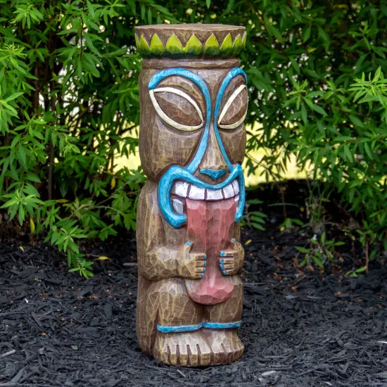 Northlight 16" Solar Lighted Polynesian Outdoor Garden Tongue Out Tiki Statue Brown {3}
