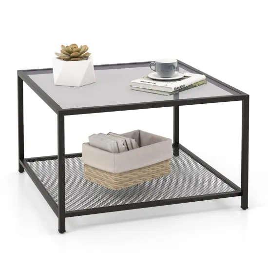 Costway Glass Coffee Table 27.5 Inch 2-Tier Square with Mesh Shelf Living Room Grey/Transparent {7}